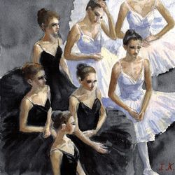 Ballerinas in black and white. Original watercolor painting 8x8''