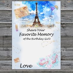 Paris themed Favorite Memory of the Birthday Girl,Adult Birthday party game-fun games for her-Instant download