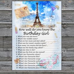 Paris themed How well do you know the birthday girl,Adult Birthday party game-fun games for her-Instant download