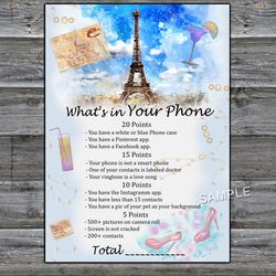 Paris themed What's in Your Phone Birthday Party Game,Adult Birthday party game-fun games for her-Instant download