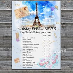 Paris themed Birthday ever or never game,Adult Birthday party game-fun games for her-Instant download