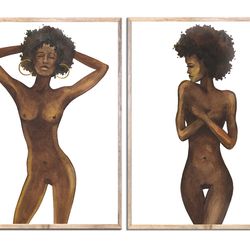 African American Woman Art Set of 2 Prints Black Woman Portrait Afro Woman Nude Figure Wall Art Watercolor Painting