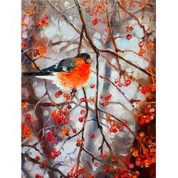 Painting Bird Bullfinch Oil Canvas 10 by 8 inches Winter Landscape Small Artwork Wall Art  Original Painting