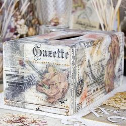 Encaustic Vintage Newspapers with Wild Pale Roses Collage on the Wooden Rectangular Tissue Box Cover Decorative Holder
