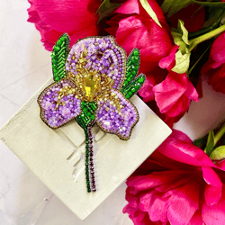 Iris Beaded Brooch, Handmade Embroidered Accessory, Pin Flower of Purpel and Golden Colors, Floral Brooch, Flower Brooch