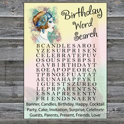 Vintage themed Birthday Word Search Game,Adult Birthday party game-fun games for her-Instant download