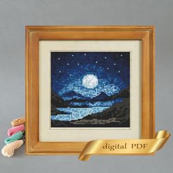 evening landscape pattern pdf cross stitch, easy embroidery diy
