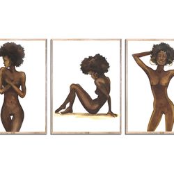 African American Woman Art Set of 3 Prints Black Woman Portrait Afro Woman Nude Figure Wall Art Watercolor Painting