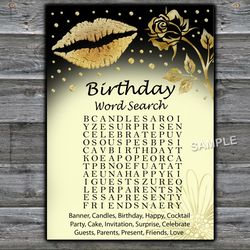 Gold Glitter Lips Birthday Word Search Game,Adult Birthday party game-fun games for her-Instant download