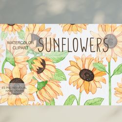 Watercolor Sunflowers Clipart / Hand Drawn Yellow Flowers