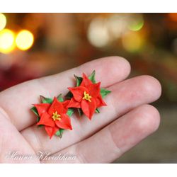 Red poinsettia studs Christmas flower earrings Xmax red floral posts Holiday earrings
