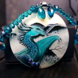 Dragon necklace. Miniature painting of dragon on mother of pearl pendant