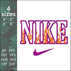 Nike Fire Embroidery Design, Burning Blaze Flames Brand Logo, 4 Sizes