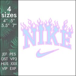 nike on fire embroidery design, blazing burning brand logo, 4 sizes