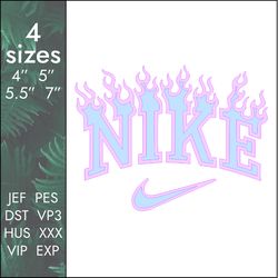 Nike on Fire Embroidery Design, blazing burning brand logo, 4 sizes