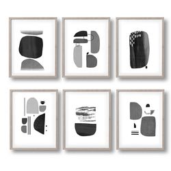 mid century modern, set of 6 prints, scandinavian art black wall art abstract print, printable art 6 posters gallery art
