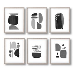 Mid Century Modern, Set Of 6 Prints, Scandinavian Art Black Wall Art Abstract Print, Printable Art 6 Posters Gallery Art