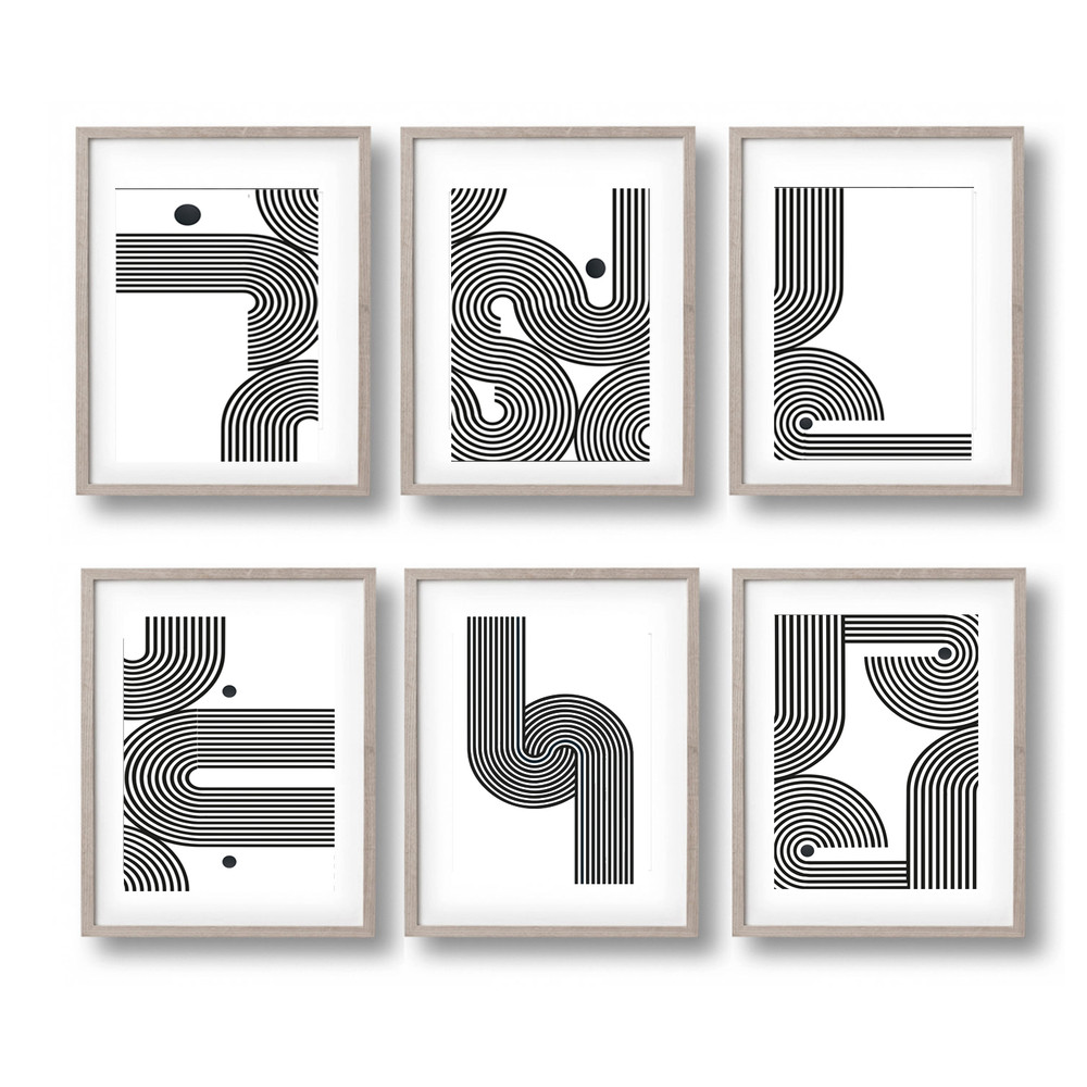 minimalist posters, mid centure art set of 6 prints, in gray tones