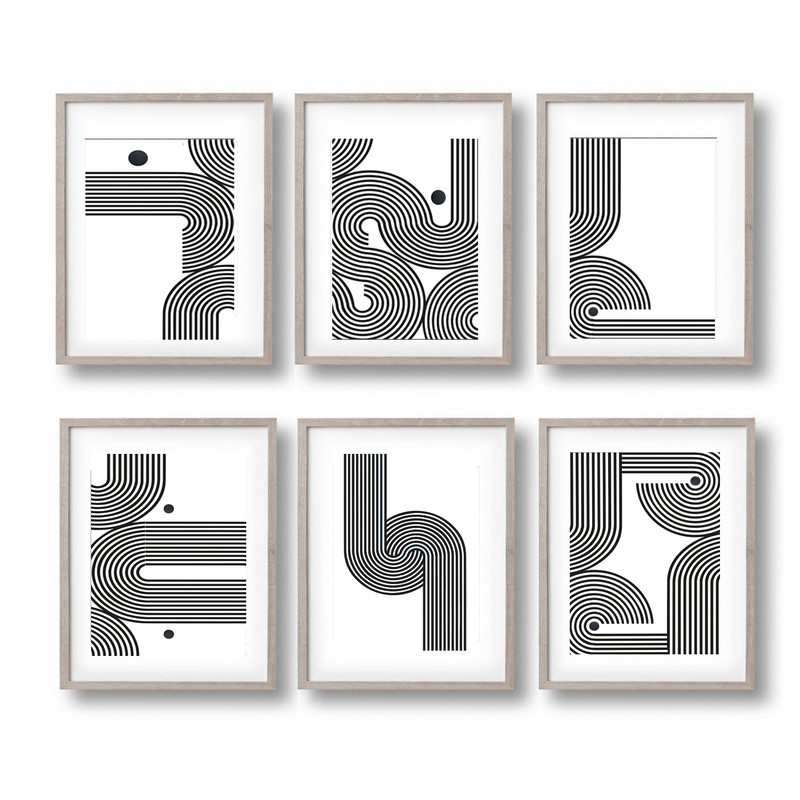 minimalist posters, mid centure art set of 6 prints, in gray tones