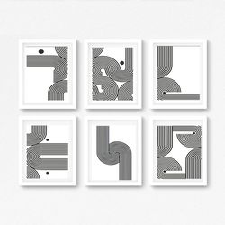 Geometric Line Print, Wall Art Set Of 6 Prints, Abstract Line Art Printable Art, 6 Posters Gallery Decor Black And White