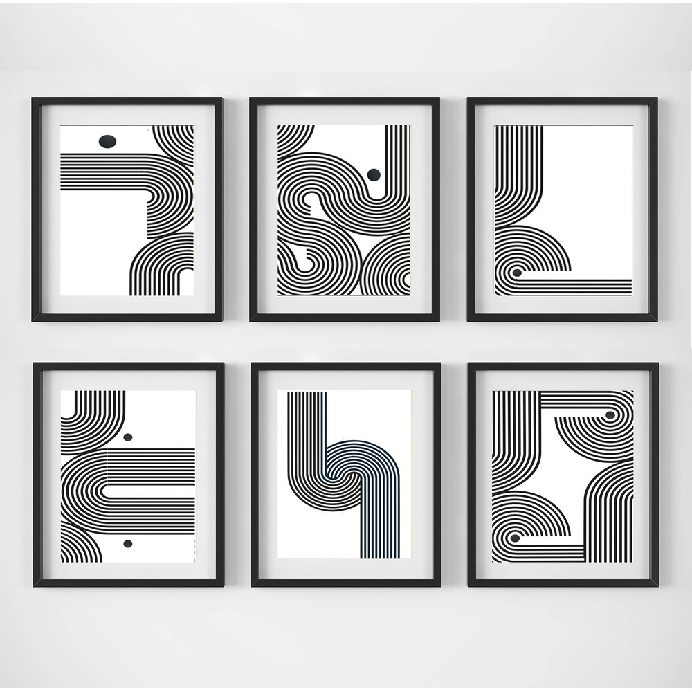 minimalist posters, mid centure art set of 6 prints, in gray tones