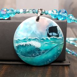 Wave necklace with viking ship, sea wave miniature painting on pearl pendant