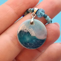 Wave necklace, surfer jewelry, sea wave miniature painting on pearl pendant