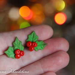 Holly studs Christmas holly earrings Xmas gifts Holiday present Christmas jewelry Winter gift ideas