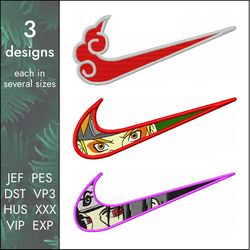 nike naruto swooshes embroidery design, 3 anime designs in pack