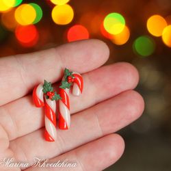 Candy cane stud earrings Christmas jewelry handmade