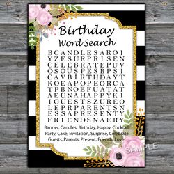 Black White Striped Birthday Word Search Game,Adult Birthday party game-fun games for her-Instant download
