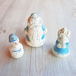 Russian vintage Christmas decor dolls toys ornaments: Ded Moroz, Snegurochka and Snegovik - Santa, Snowgirl and Snowman