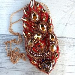Gold salamander necklace beaded crystal necklace embroidered red pendant
