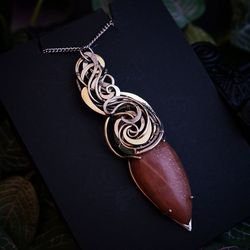 Large wire wrapped pendant with sunstone for women