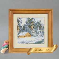 winter house pattern pdf cross stitch, easy embroidery diy