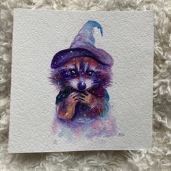 Witch Raccoon Watercolor Painting, Original Raccoon Watercolor, Magic Painting, Cottagecore Decor, Witchy Art