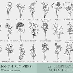 birth month flower svg bundle, flower stem sublimation designs for instant download
