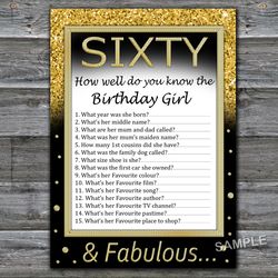 Sixty Birthday How well do you know the birthday girl,Adult Birthday party game-fun games for her-Instant download