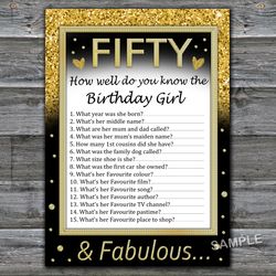 Fifty Birthday How well do you know the birthday girl,Adult Birthday party game-fun games for her-Instant download