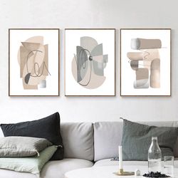 Prints Set Of 3 Abstract Painting Gray Brown Wall Art Large Artwork Printable Art Abstract Triptych Living Room Decor