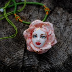 Porcelain Necklace Talking Flowers Rose Face Ceramic pendant Fairy figurine rose necklace flower jewelry Gift for her