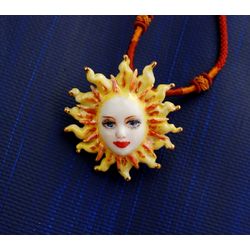 Porcelain Necklace Sun Face Ceramic pendant Fairy figurine sunshiny necklace glad jewelry Gift for her