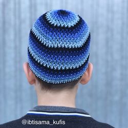 Handmade crochet cotton skullcap hat unisex blue zigzag design
