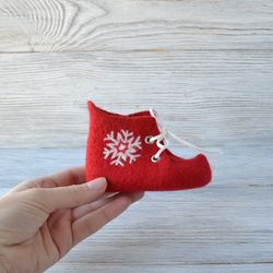 Felted wool red baby booties Newborn lace shoes slippers Baby shower gift godchild First Christmas booties