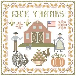 happy thanksgiving sampler primitive cross stitch pattern with pumpkin, leaves and acorns.  autumn counted chart.