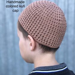 Hat for boy cotton crochet medium sized made to order brown kufi skull cap