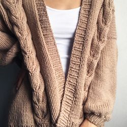 Brown Chunky knit cardigan with long sleeves. Cozy slouchy cardigan for women. Oversized Aran sweater. Cable knit jumper
