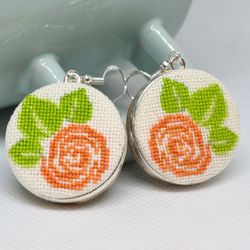 embroidered earrings for women with orange flower, cross stitch nature jewelry, modern gift for women