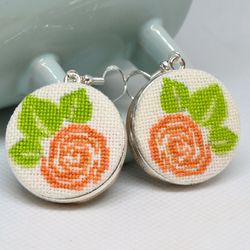 Embroidered earrings for women with orange flower, Cross stitch nature jewelry, Modern gift for women