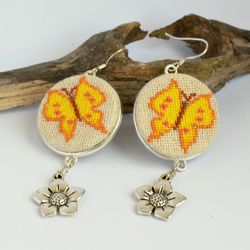 yellow butterfly embroidered earrings, cross stitch jewelry with charm flower, handcrafted holiday gift for girl
